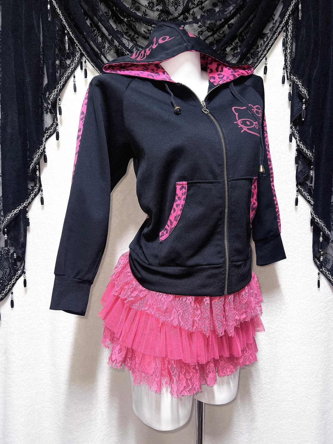 헬로키티 후드집업 고전 레오파드 호피 핑크 갸루 키치 펑크 히메 핀터 상품이미지3