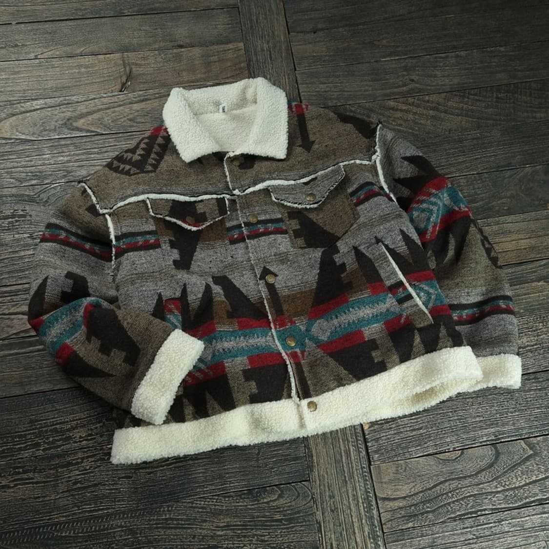 [빈티지] 에스닉 패턴 안감 양털 뽀글이 모직 무스탕 자켓 M18733 상품이미지1