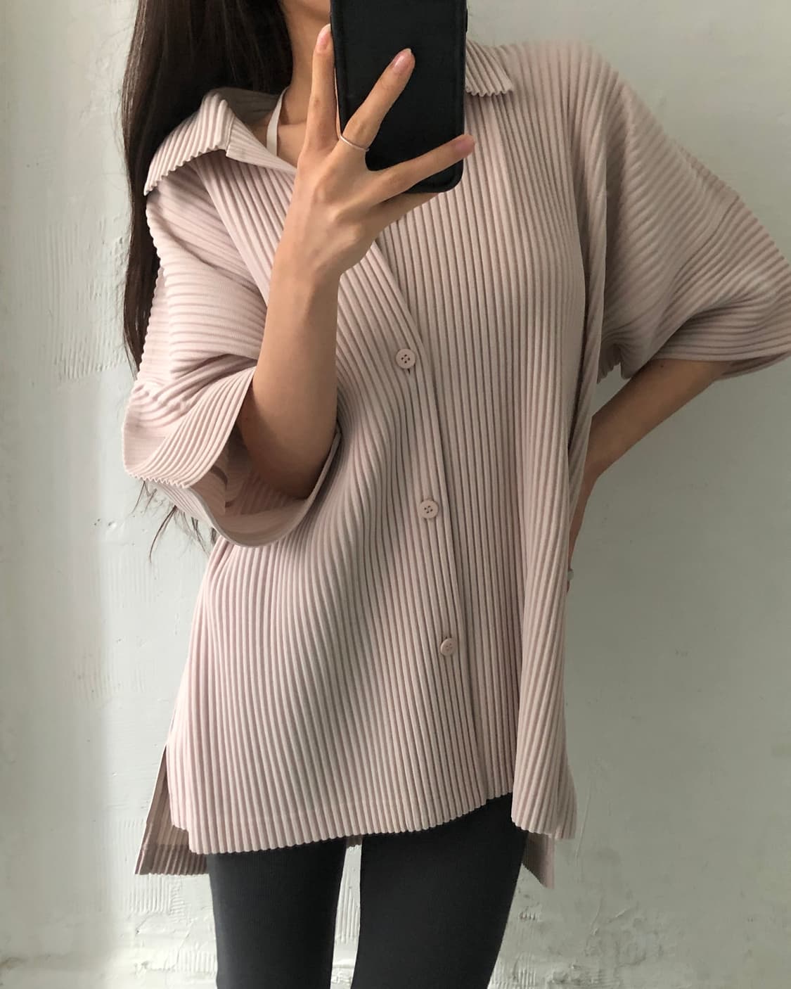 Issey Miyake 옴므플리세 베이비핑크 플리츠 반팔 셔츠 상품이미지2