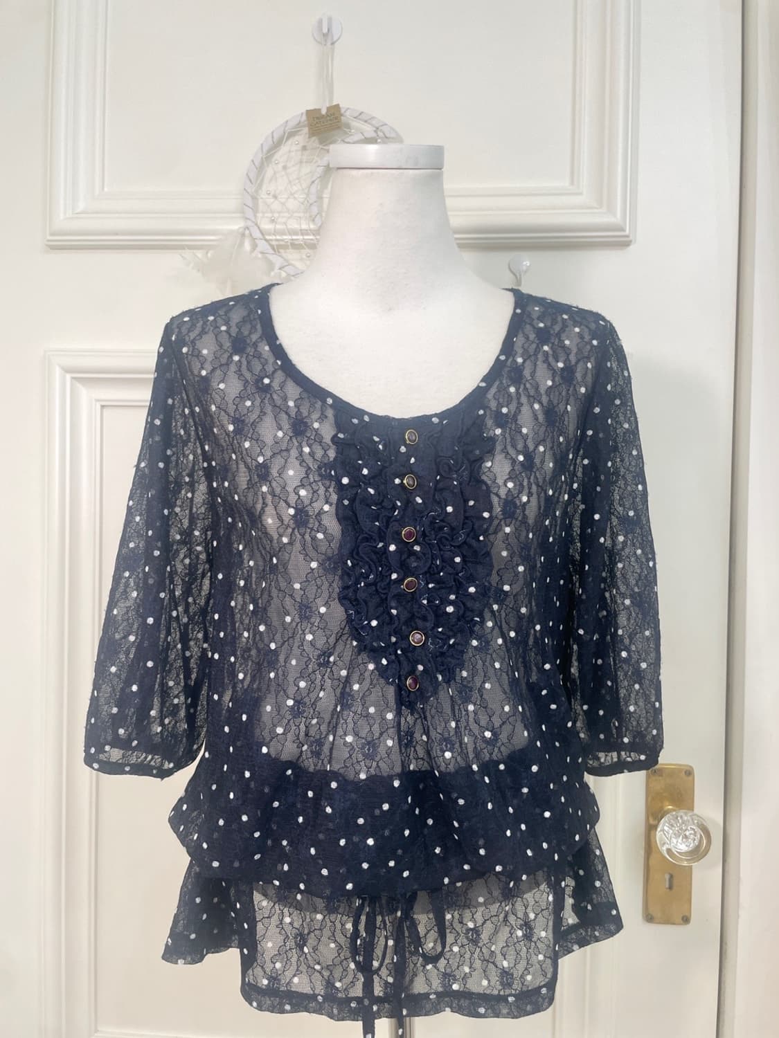 navy lace dot ruffle shirring blouse 상품이미지5