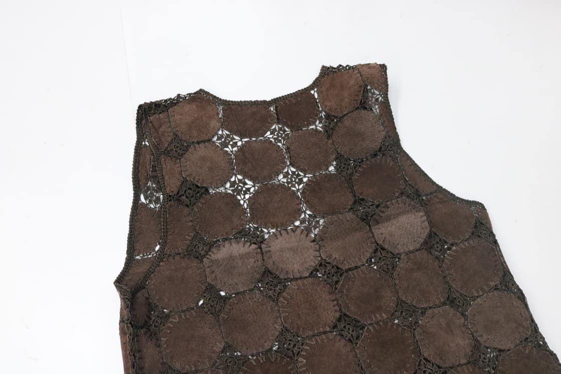 Caldcattle 빈티지 브라운 패치워크 리얼 레더 크로쉐 베스트 상품이미지9