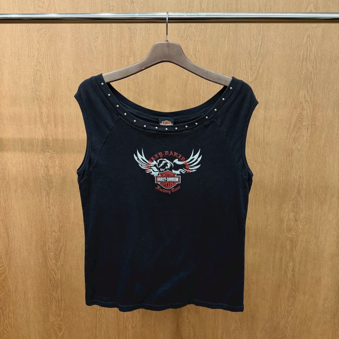 할리데이비슨 슬리브리스 티셔츠 이글 로고 프린팅 메탈 스터드 디테일 블랙 상품이미지2