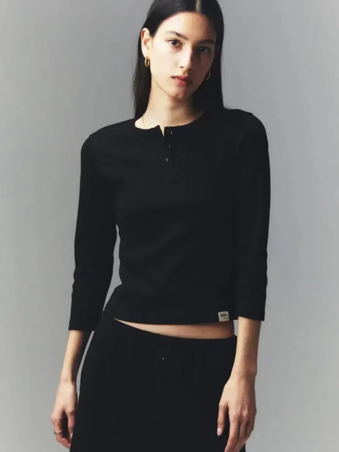 글로니 glowny 3/4 BUTTON FLY TEE (BLACK) 상품이미지1
