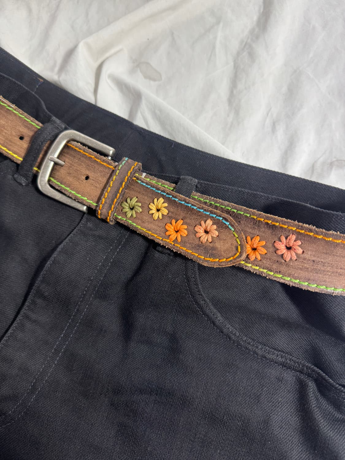 빈티지 핸드메이드 멀티컬러 스티치 플라워 레더 벨트 보헤미안 웨스턴 상품이미지3