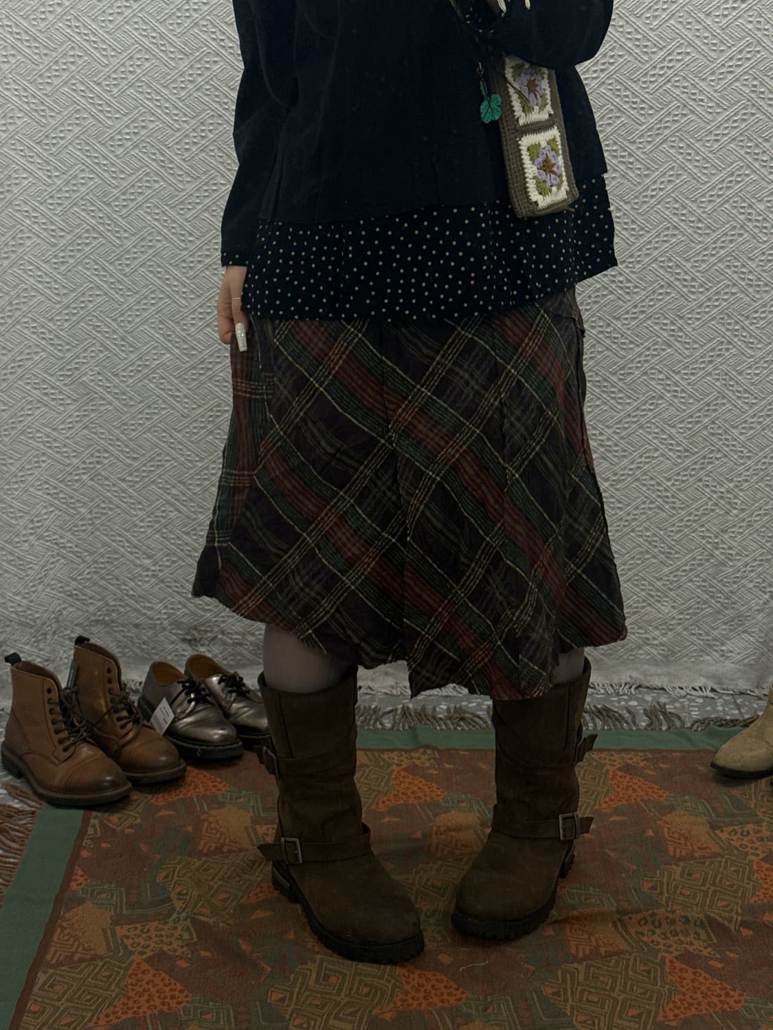 빈티지 컨트리 보헤미안 레트로 체크 언발 미디스커트 K0069 상품이미지2