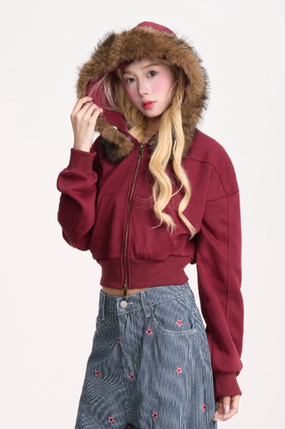 아사키프레자키 퍼 후드 집업 버건디 상품이미지3