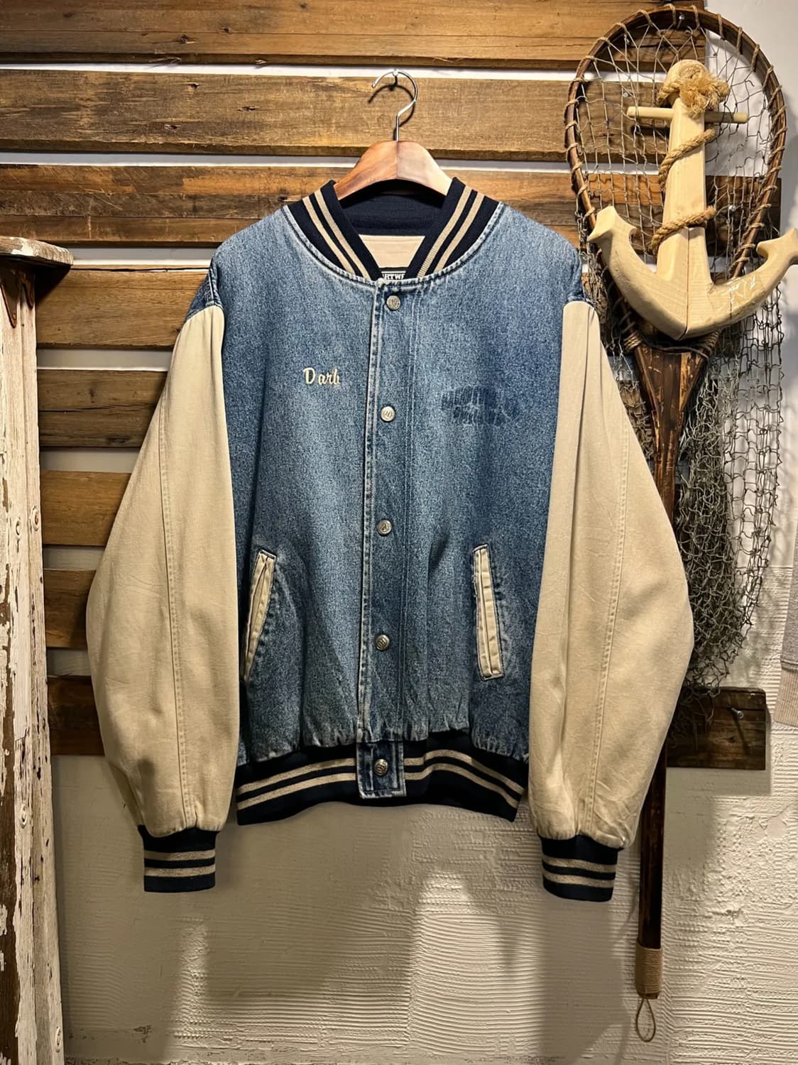 [M]90's USA 빈티지 아이보리 데님 바시티 자켓 상품이미지1