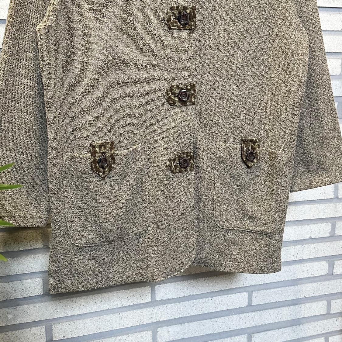 JPN VINTAGE 클래식 노카라 버튼 자켓 호피 패브릭 디테일 베이지 상품이미지5