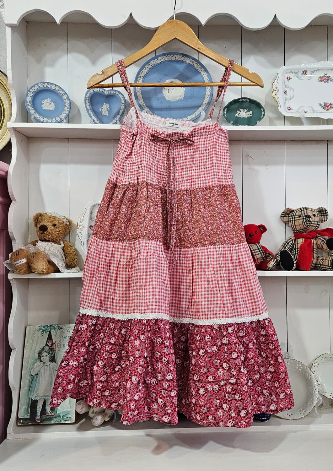 no0327핑크 깅엄 플라워 패치워크 원피스 상품이미지4