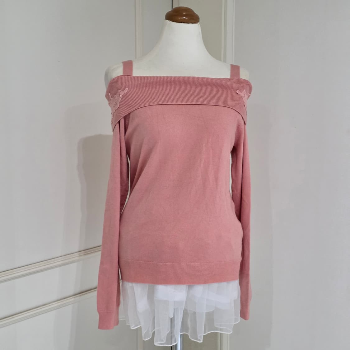 일본빈티지)핑크 로맨틱 히메갸루st 양산형 오프숄더 레이스 니트 상품이미지2