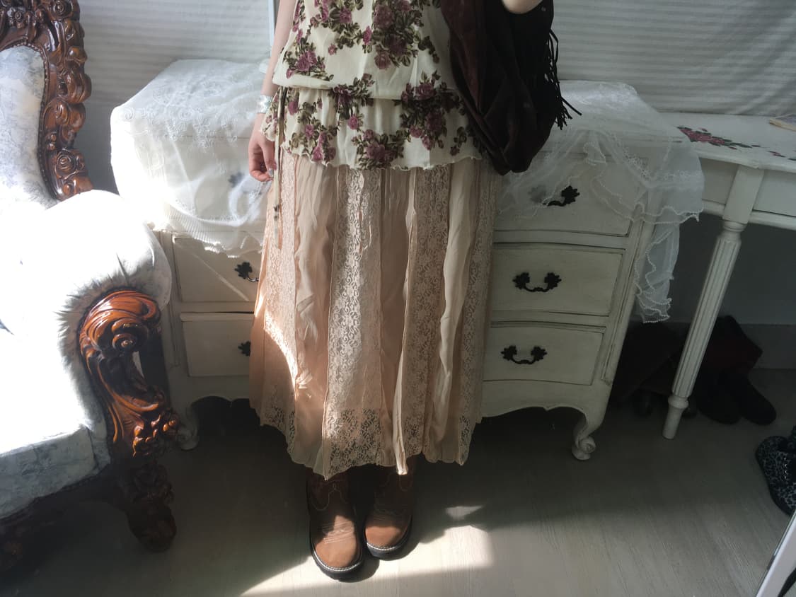 일본빈티지 베이지 레이스 쉬폰 플리츠 스커트 상품이미지1