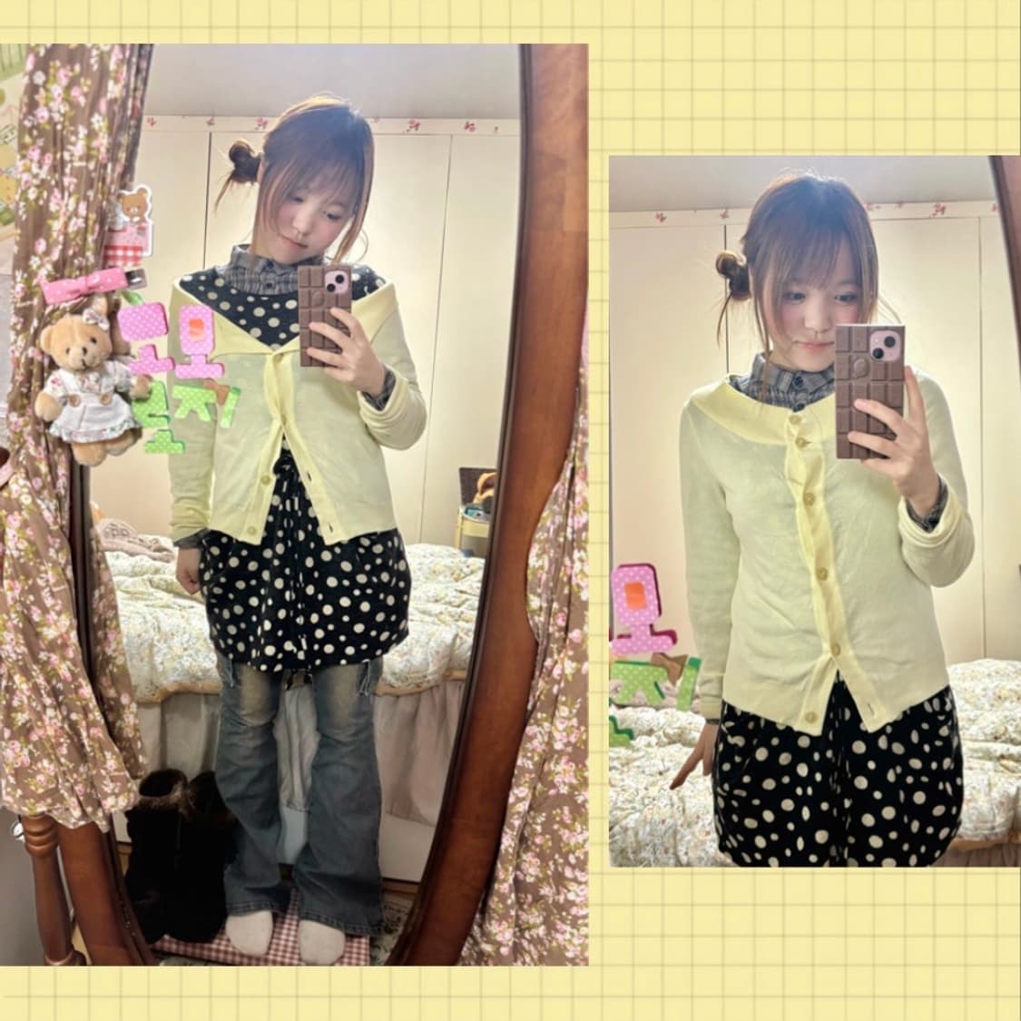 일본빈티지 괴짜 모리 코디 세트 (옐로우 가디건 + 도트 원피스 상품이미지2