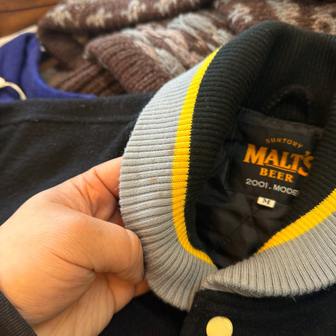 2001 산토리 프리미엄 몰츠 비어 기념 돈피 레더 바시티 자켓 M L 상품이미지4