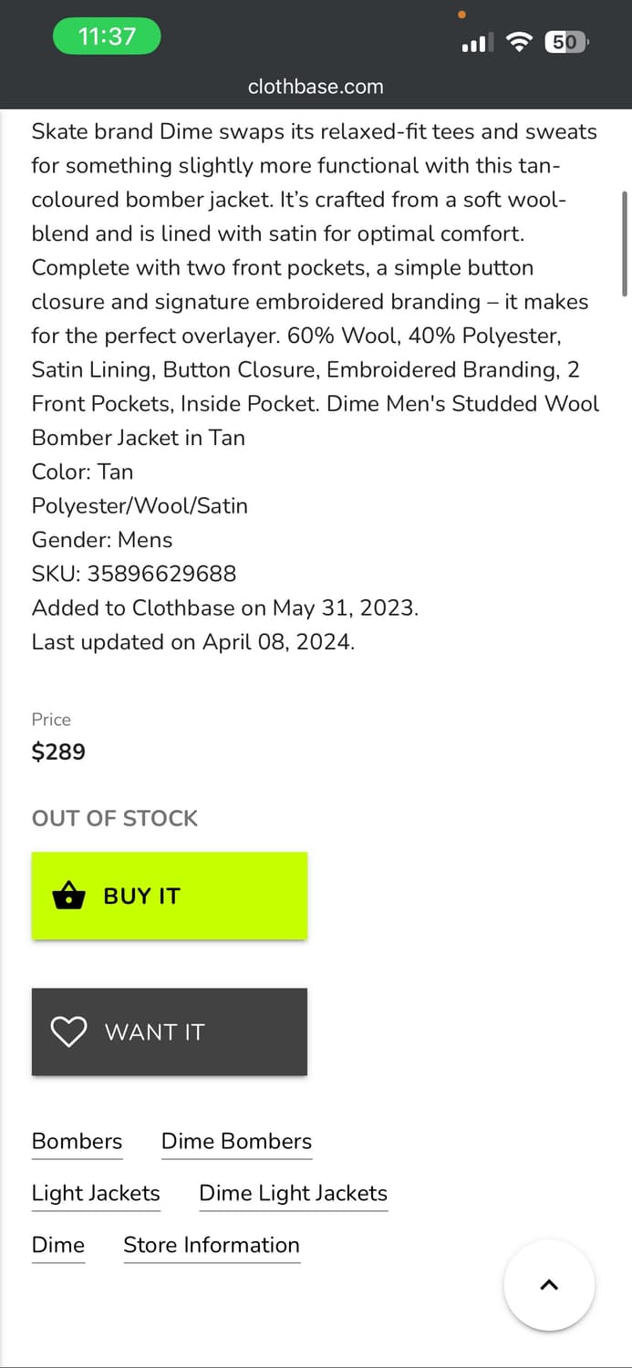 Dime 다임 스케이트보드 울 보머 자켓 탄 XL 상품이미지9