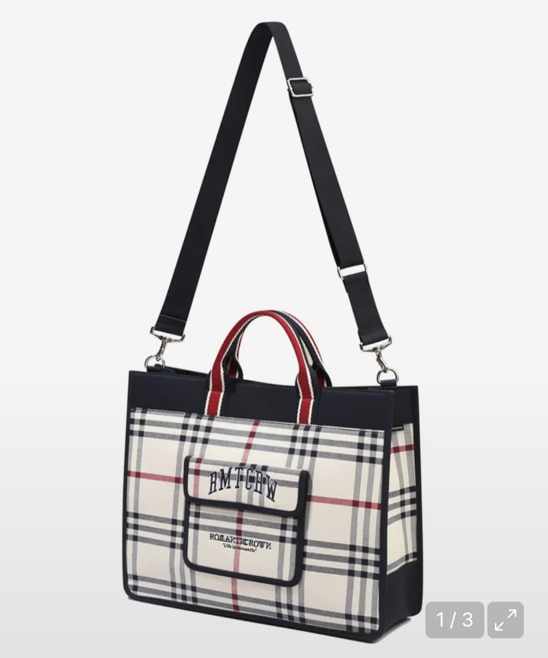 새상품, 단종) 로맨틱크라운 체크 쇼퍼백 크로스백 오트밀 상품이미지4
