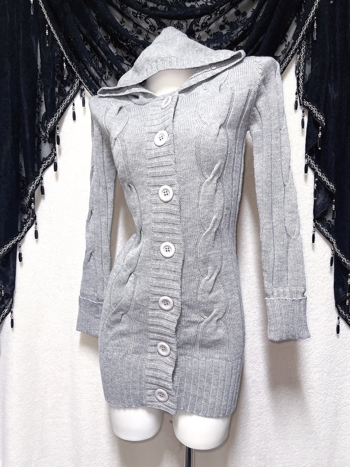 그레이 꽈배기 후드 니트원피스 가디건 로맨틱갸루 로걀 섹시 펑크 y2k 상품이미지4