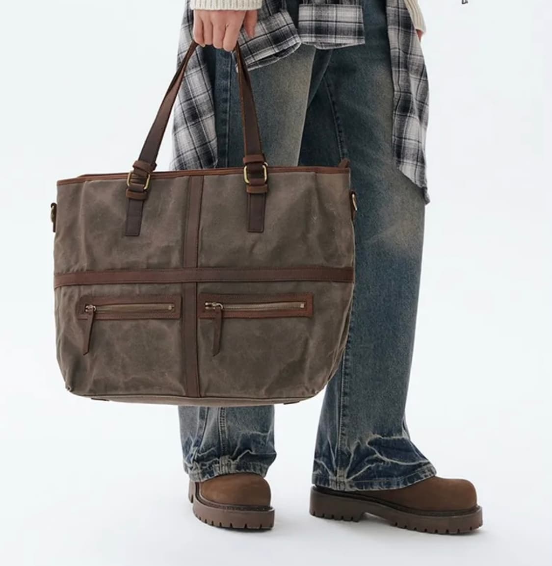 빌포드 캔버스 가죽 왁스 워싱 메이 빈티지 토트백 다크오크 상품이미지1