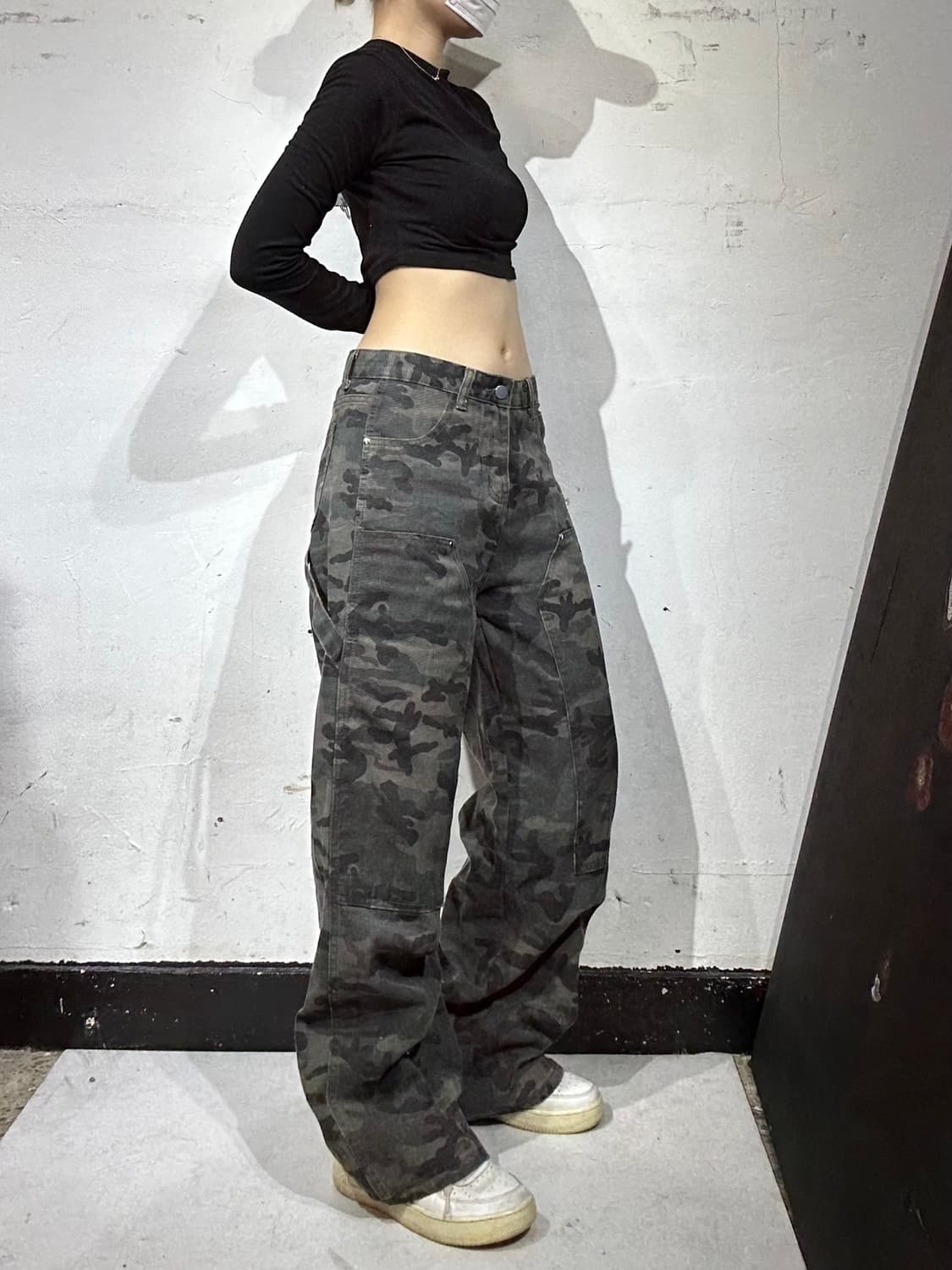 일본 빈티지 카키 밀리터리 카모 더블니 와이드 군복 바지 카고 팬츠  상품이미지1