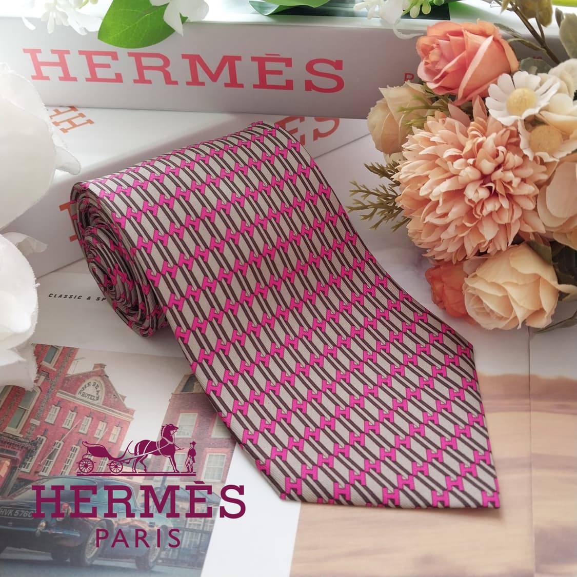에르메스 실크 베이지&핑크 H 패턴 넥타이 9.5cm A+등급 K1889 상품이미지1