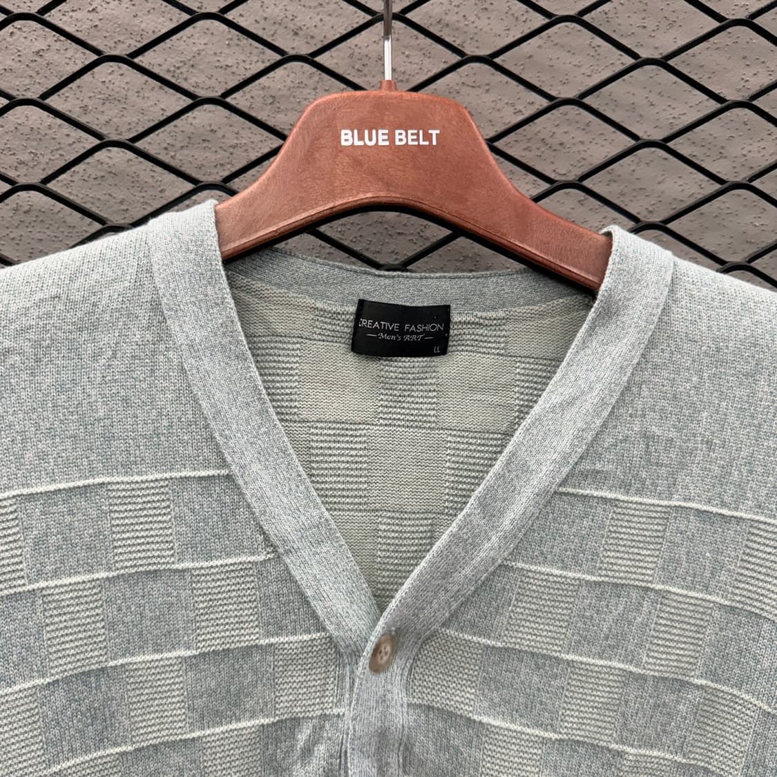 JPN VINTAGE V넥 가디건 엠보싱 라인 리버스 블록 패턴 디테일 상품이미지6