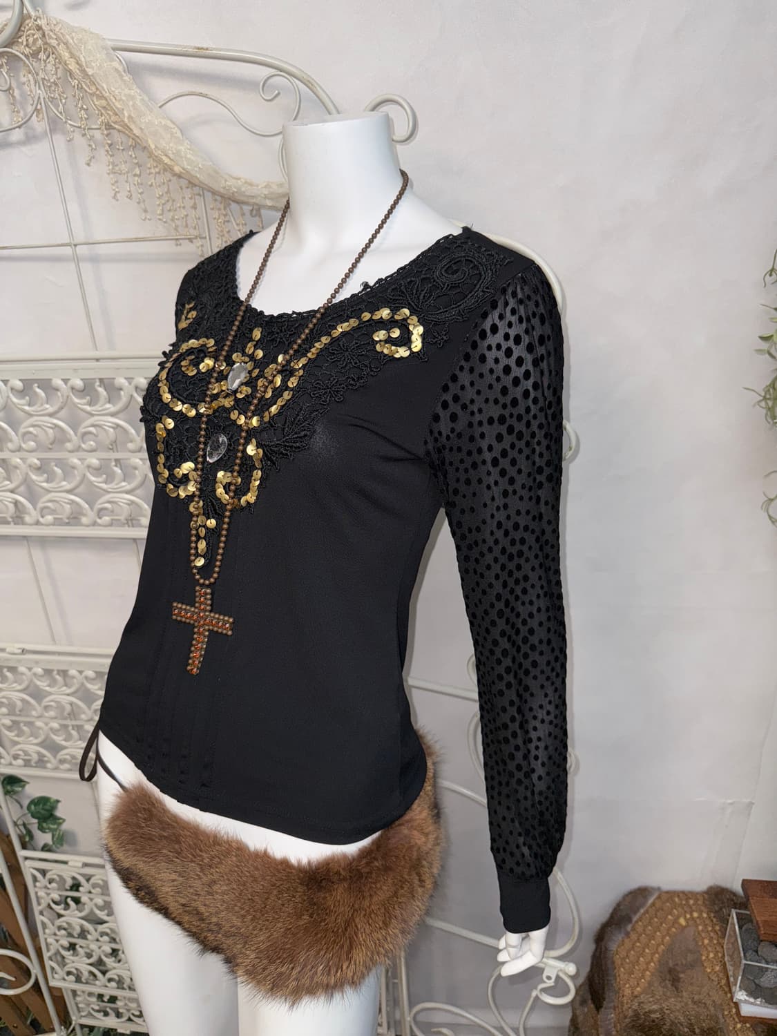 Black oriental mesh dot point sleeve bl 상품이미지5