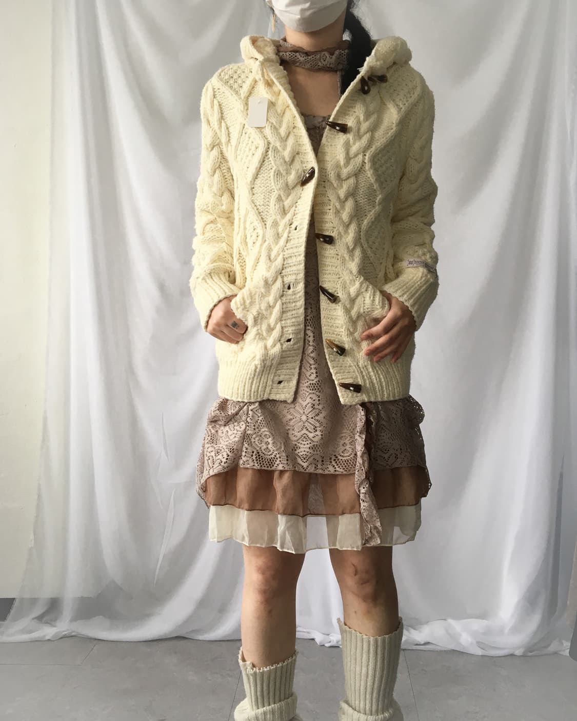 Duffle button cable pattern hood knit ca 상품이미지1