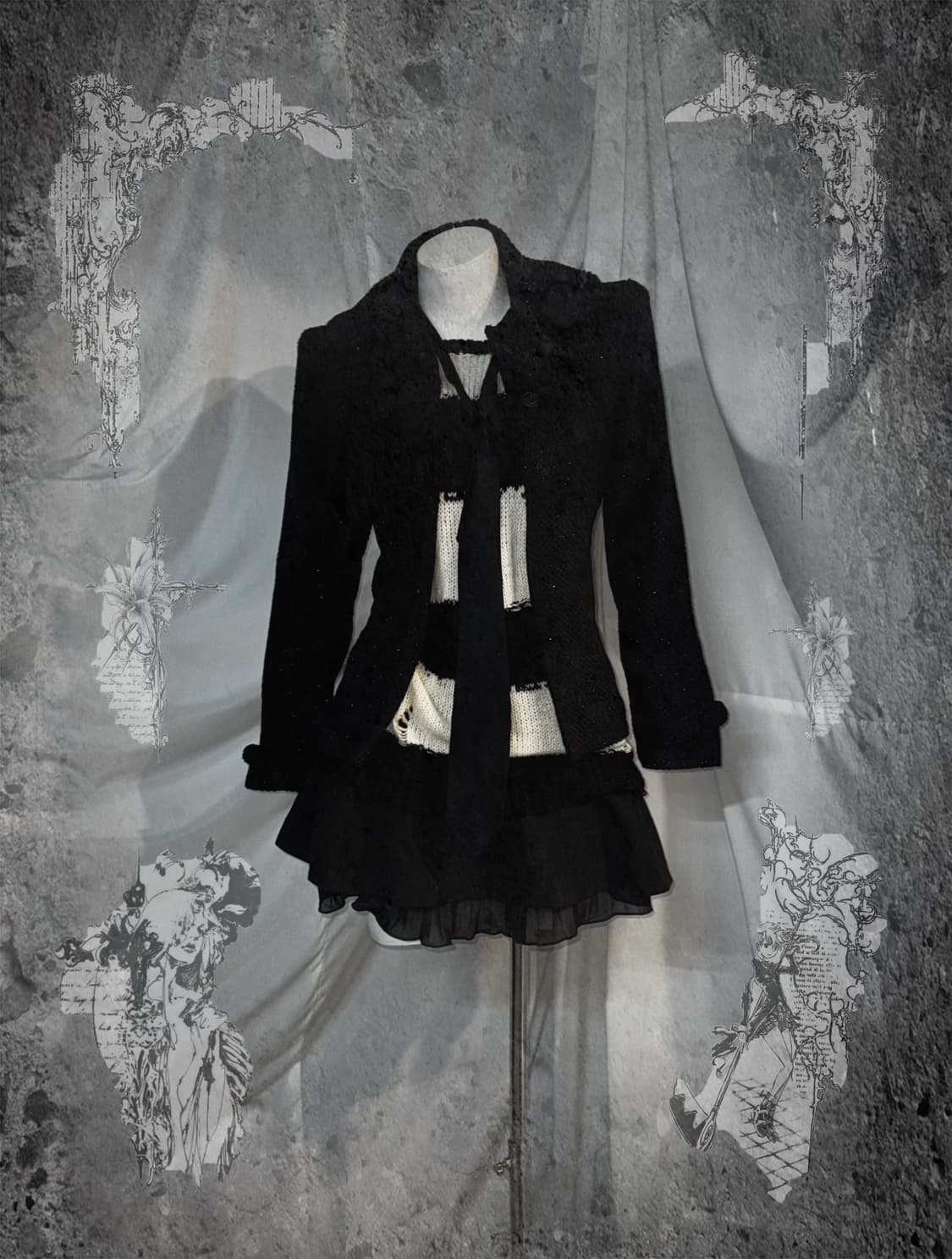 무채색 스트라이프 데미지 니트 리본 코트 코디세트  상품이미지1