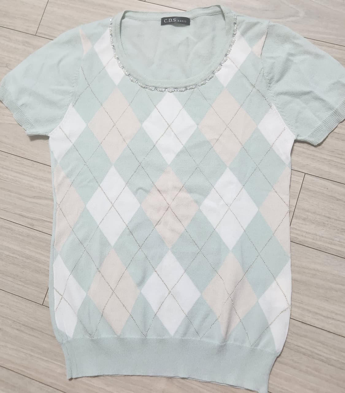 히메갸루 일브 아가일 니트 반팔 티셔츠 큐빅 비쥬 디테일 민트 리즈리사 상품이미지1