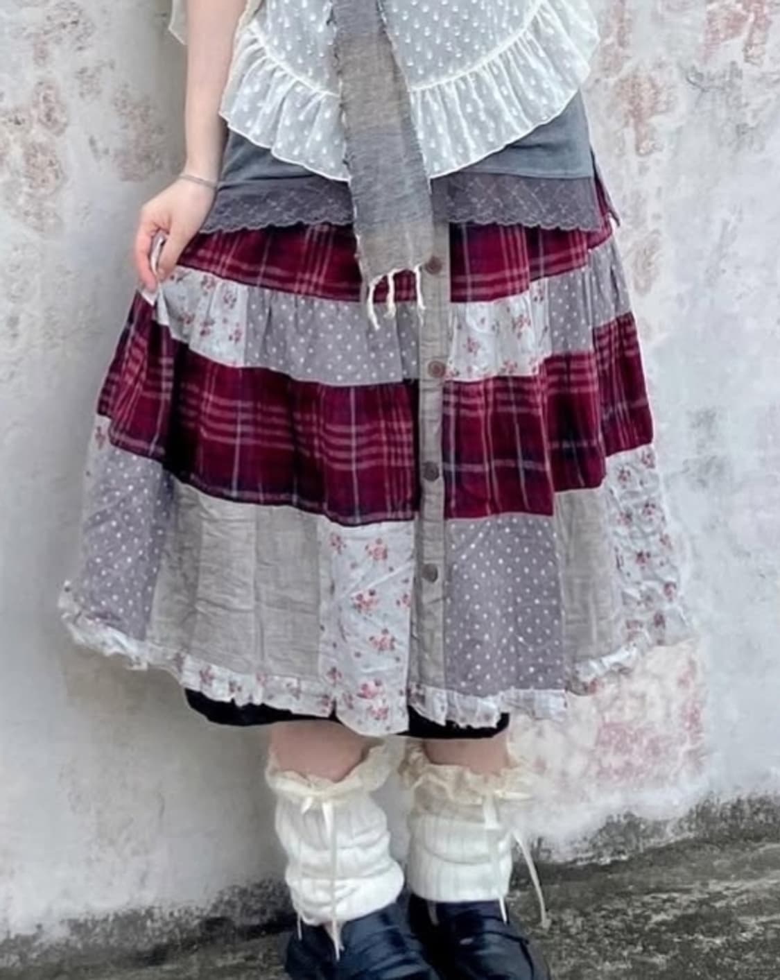빈티지 패치스커트 패치워크 모리걸 하구미 페어리 레드 딸기 체크 잔꽃 상품이미지1