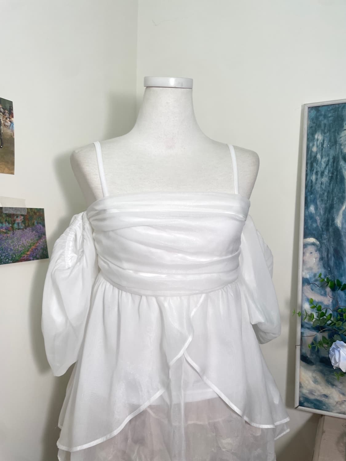 white chiffon draping off-shoulder blous 상품이미지5