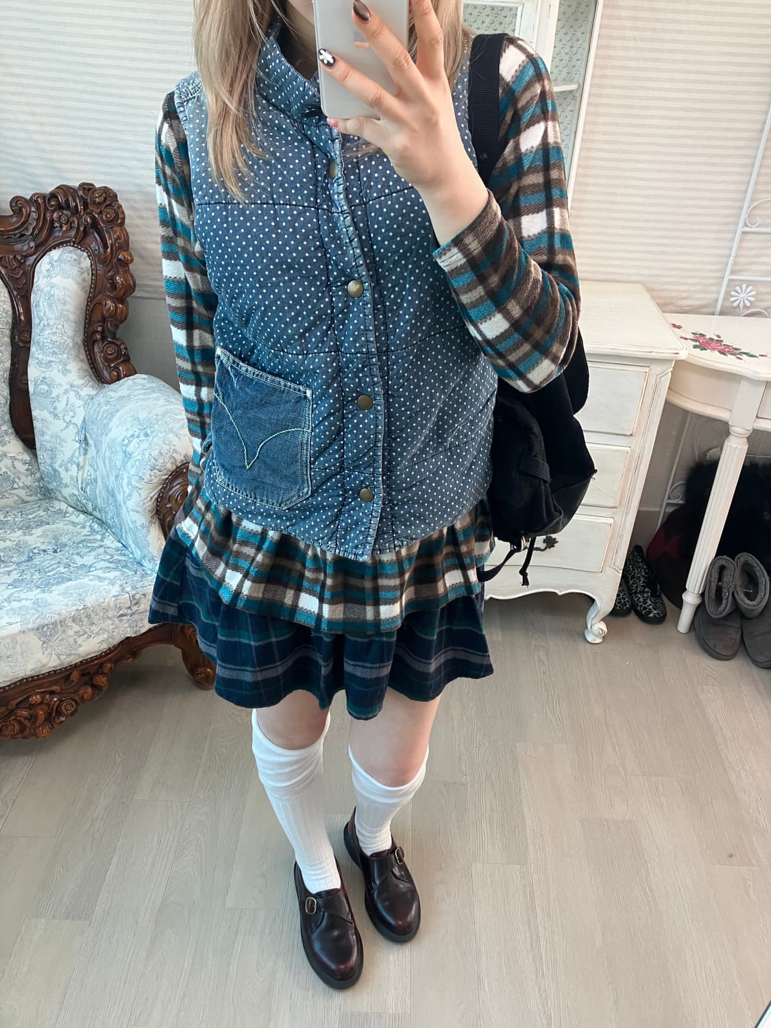 일본빈티지 리버시블 데님 도트 누빔 베스트 상품이미지5