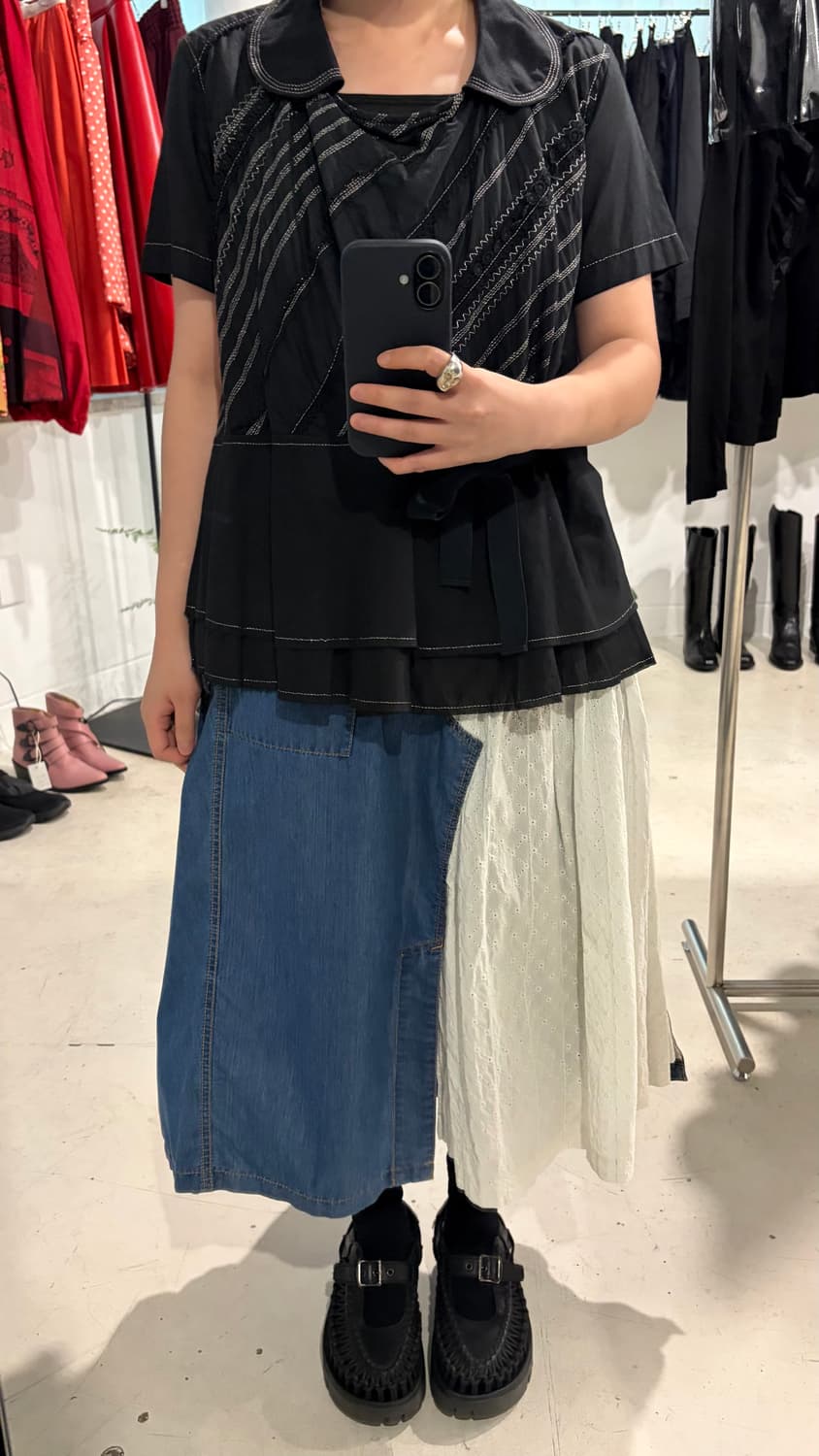 Punching Lace Denim Docking Skirt 상품이미지9