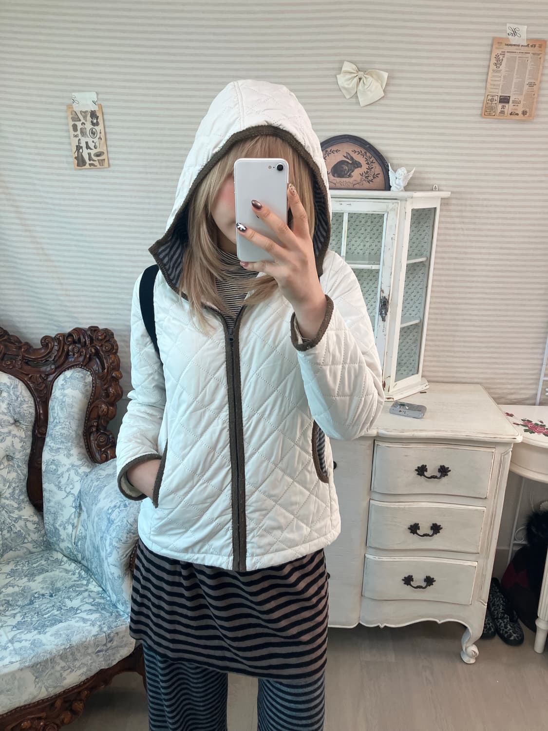 일본빈티지 아이보리 모리 누빔 스트라이프 경량패딩 상품이미지4