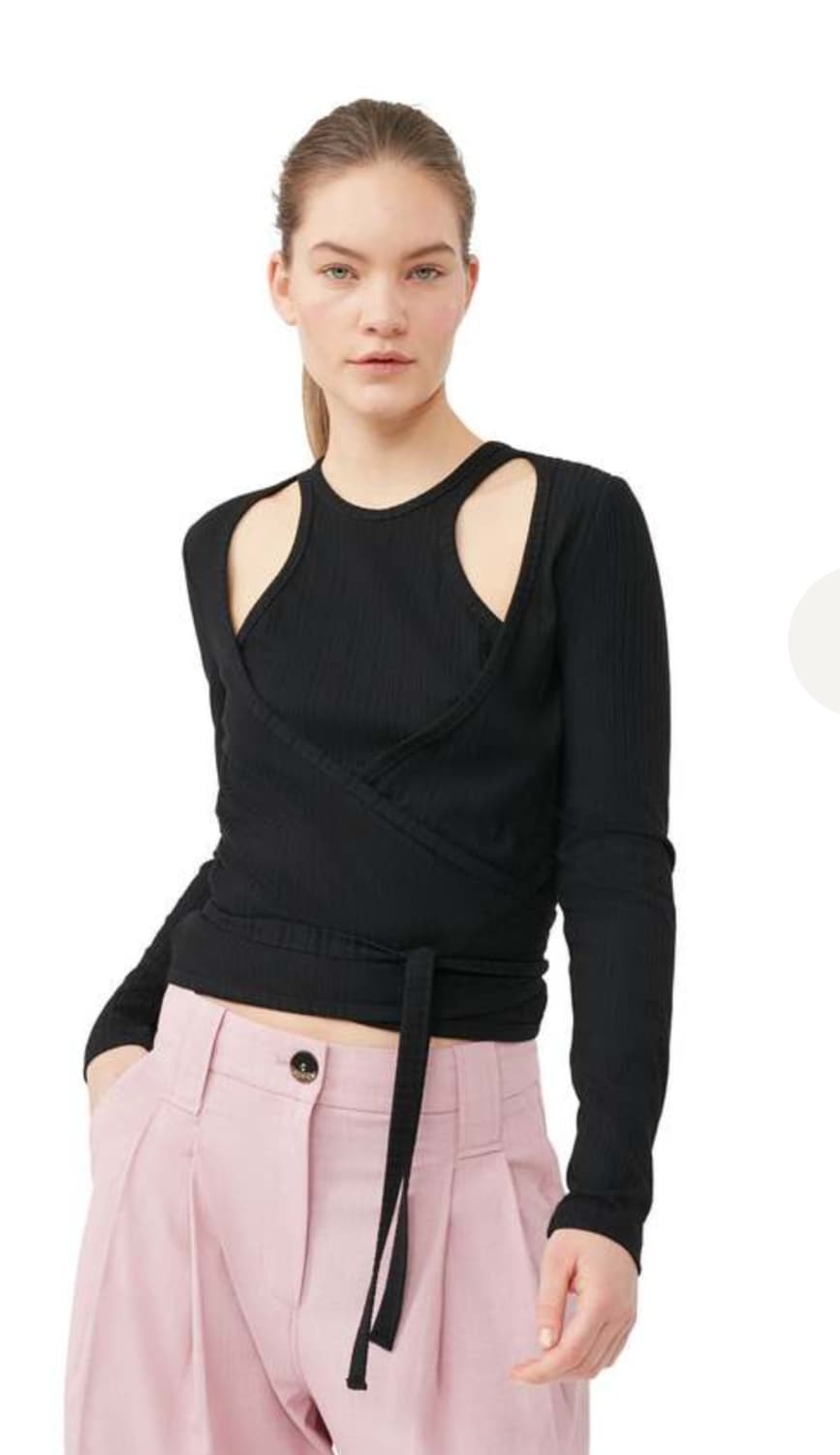 23‘SS Ganni Rib Jersey Wrap Blouse Black 상품이미지1