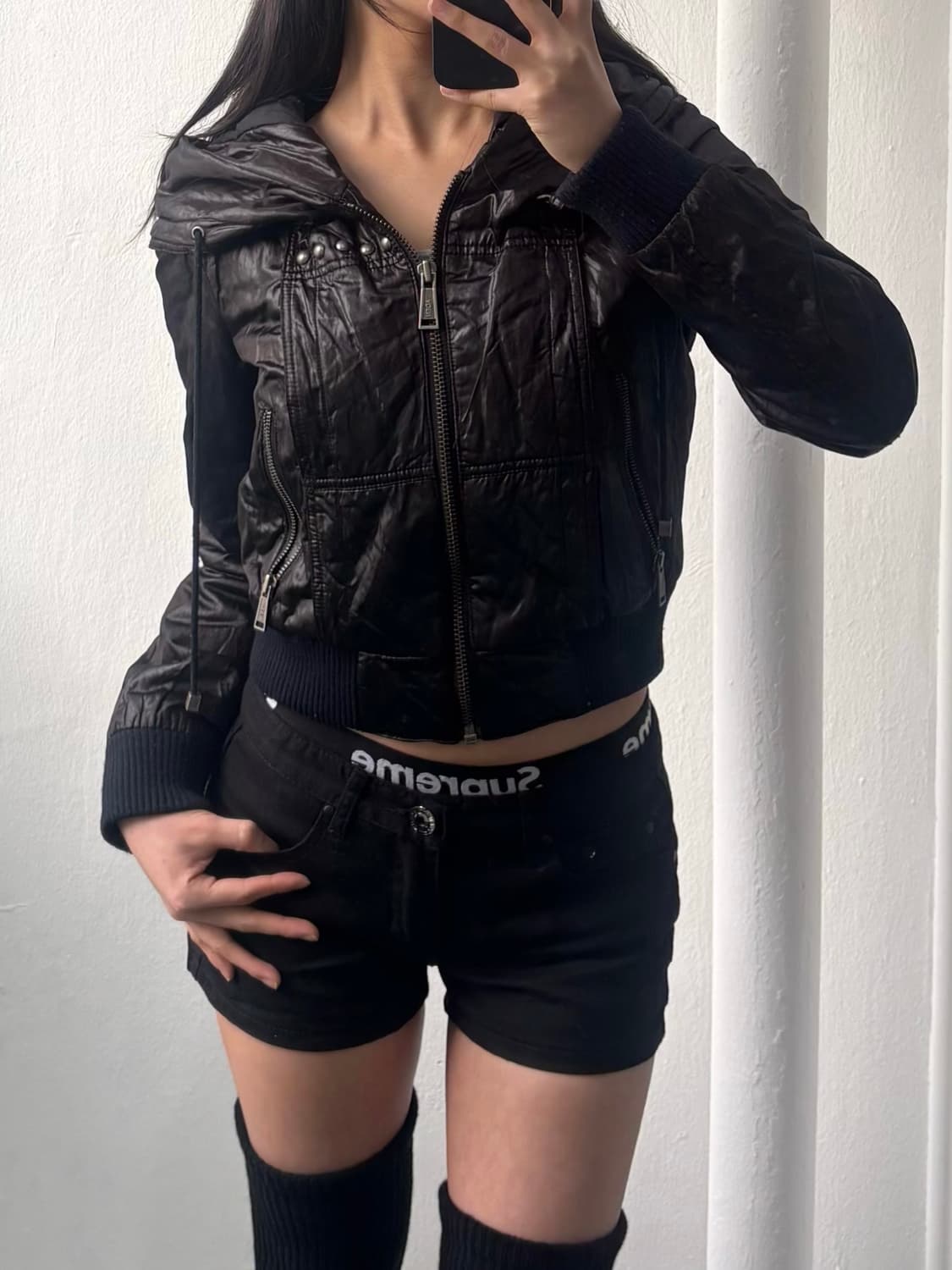 Vintage Black Glossy Crop Jacket 상품이미지2