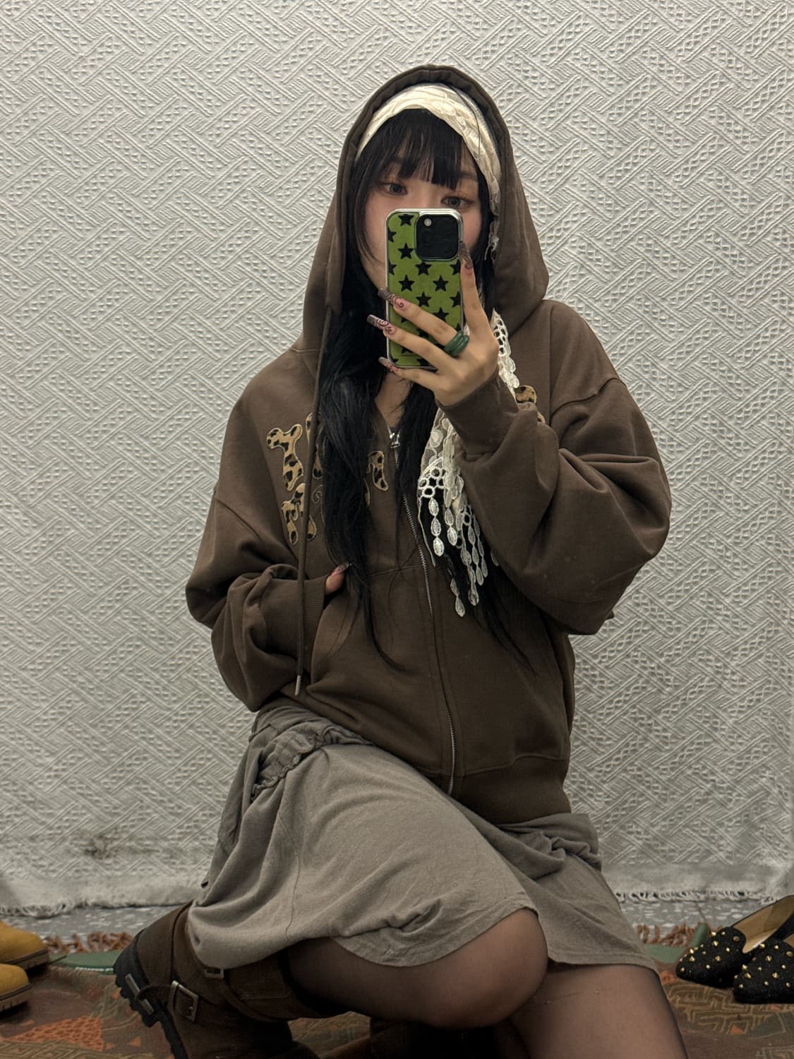 MOO 엠오오 키치 갸루 레오파드 호피 로고 오버핏 후드집업 K0293 상품이미지2