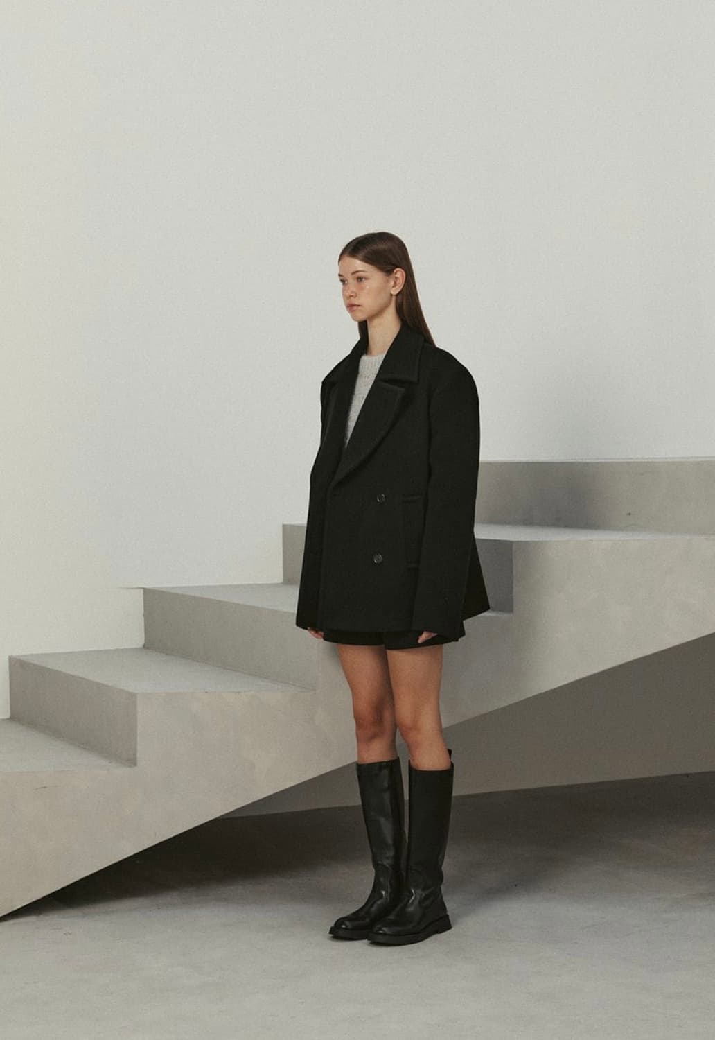 르(LE) 25년 울 하프 코트 블랙 상품이미지3