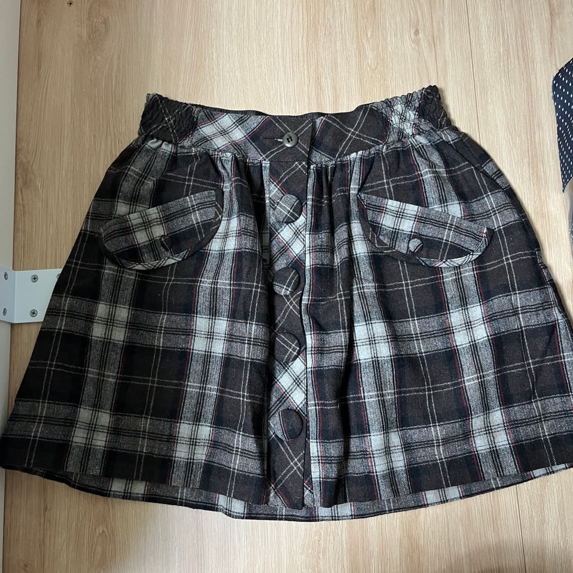 빈티지 다크 브라운 체크 단추 미니 스커트 상품이미지1
