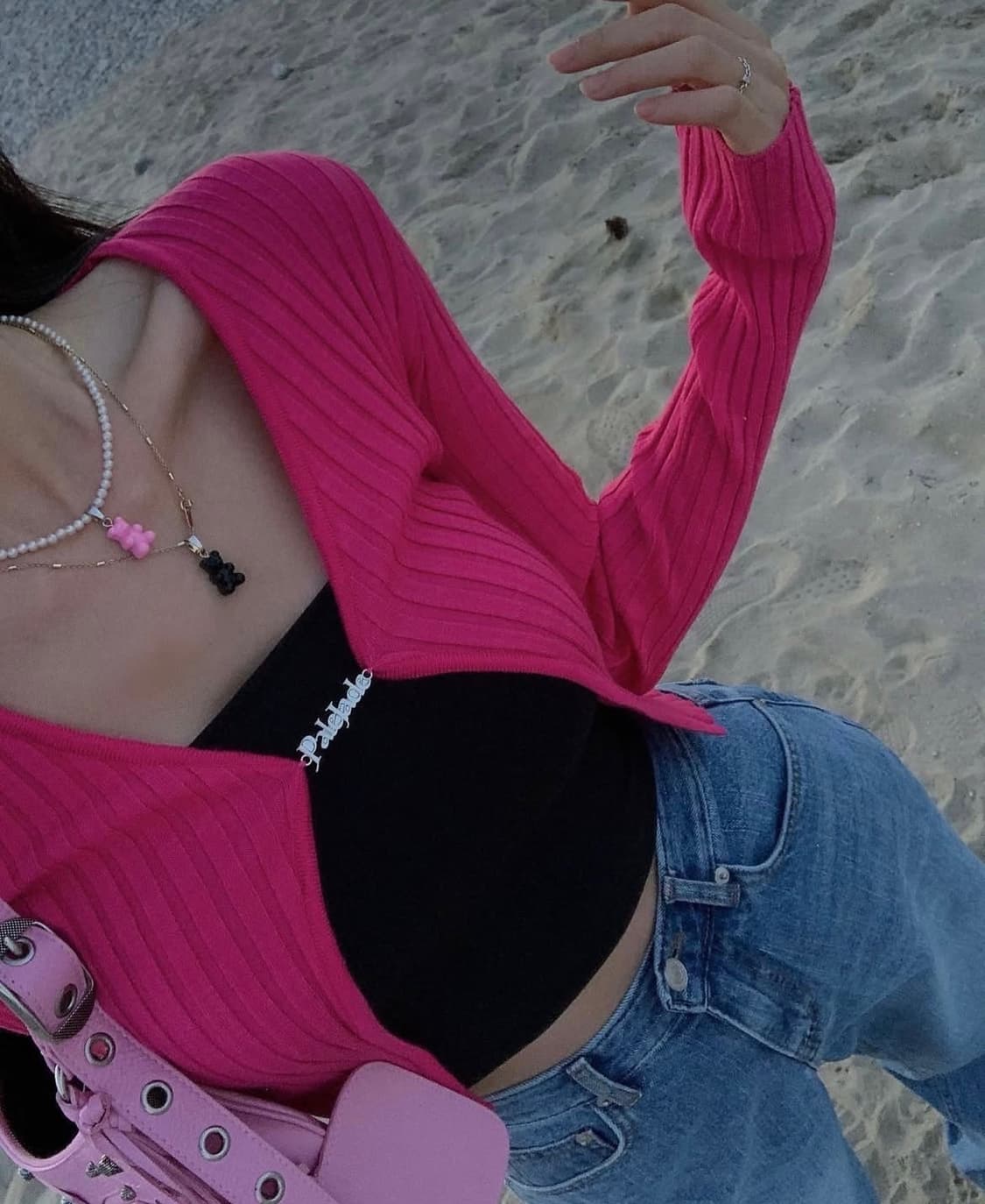 [새상품]페일제이드 로고 펜던트 가디건 골지 가디건 핫핑크 상품이미지5