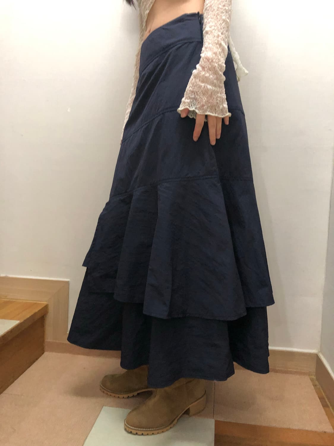 빈티지 네이비 러플 롱 스커트 상품이미지1