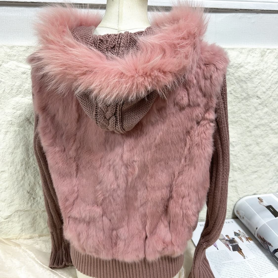 빈티지 연한 핑크 폭스퍼 후드 토끼털 니트자켓  후드집업 상품이미지6