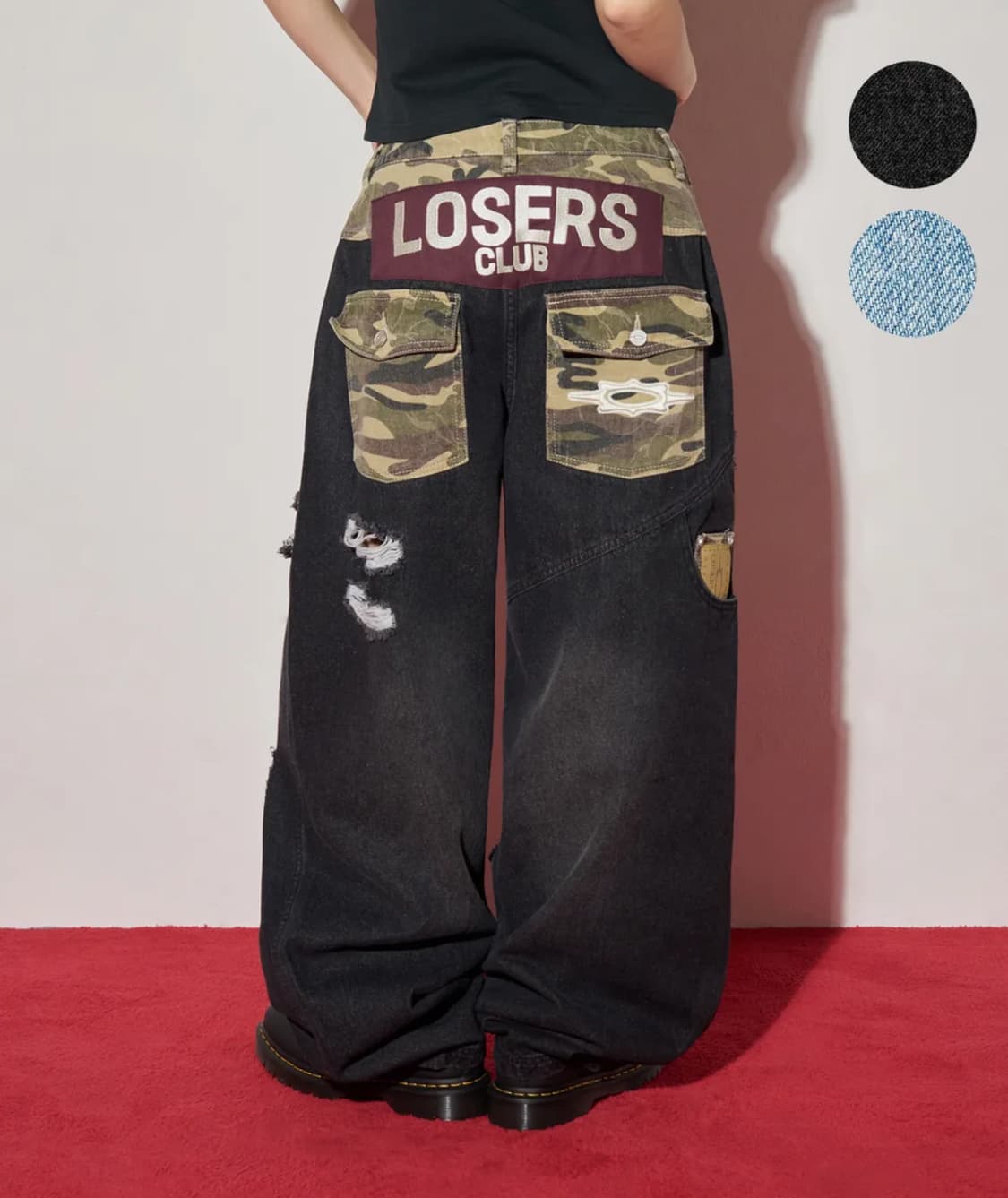 루저스클럽 카모 믹스 데미지 와이드 데님팬츠 리쿠 손민수 바지 엔시티위시 상품이미지3