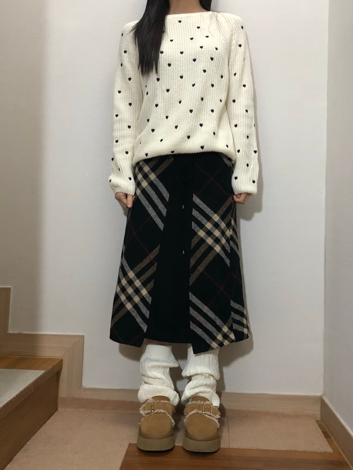 빈티지 블랙 체크 패턴 롱 스커트 상품이미지2