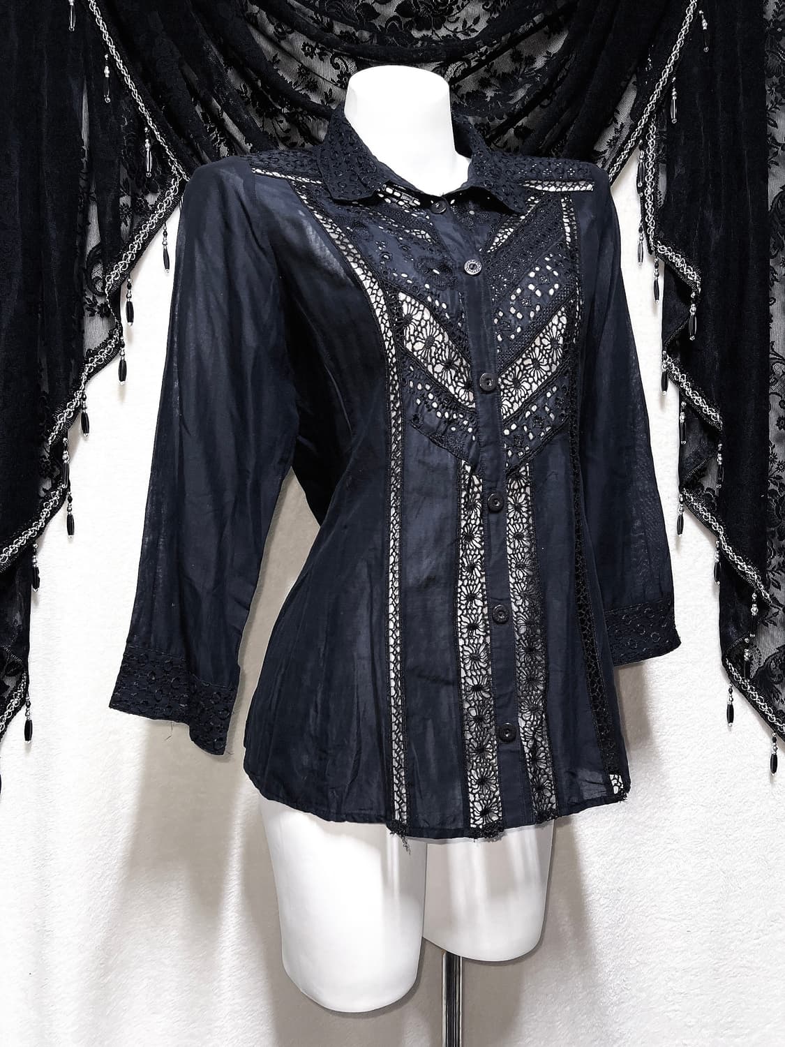 오리엔탈 고스펑크 고딕 레이스 펀칭 블랙 블라우스 중티 다크페어리 핀터 상품이미지1