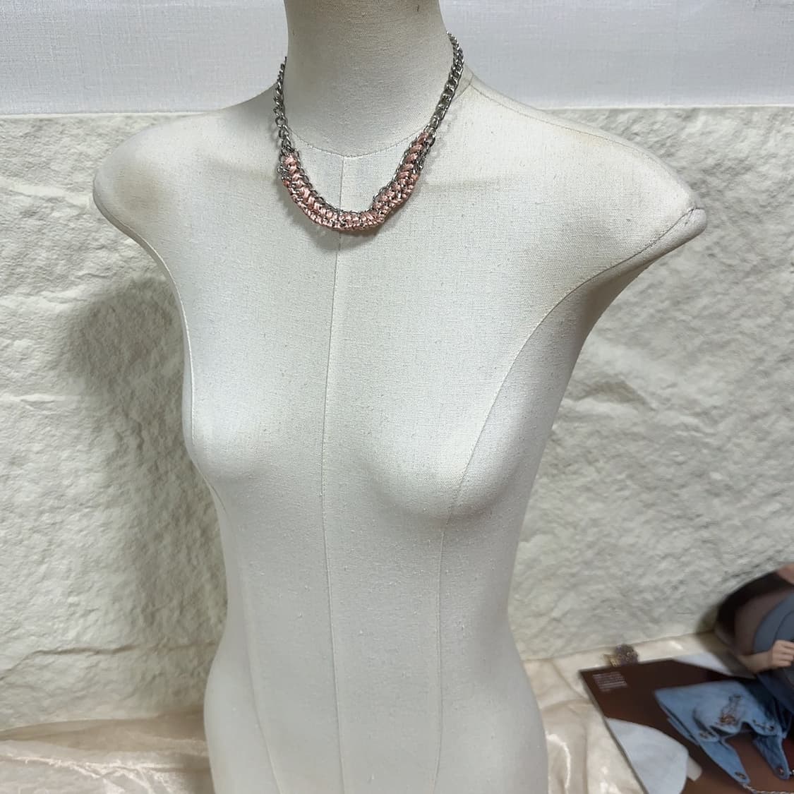 빈티지 핑크 리본 브레이드 쿠바체인 목걸이 상품이미지1