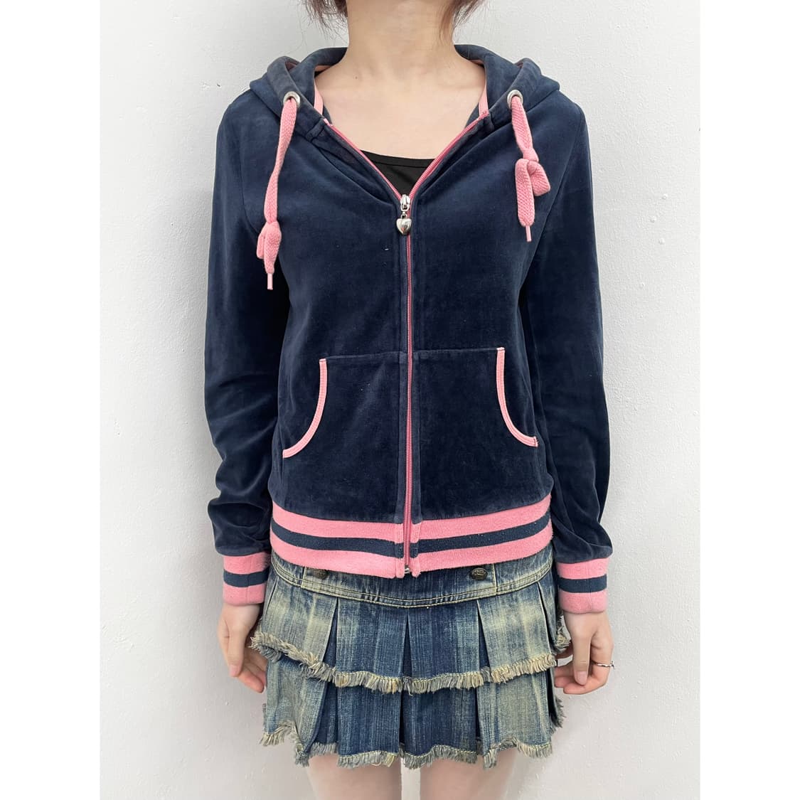 네이비 벨벳 핑크 하트 집업 상품이미지1