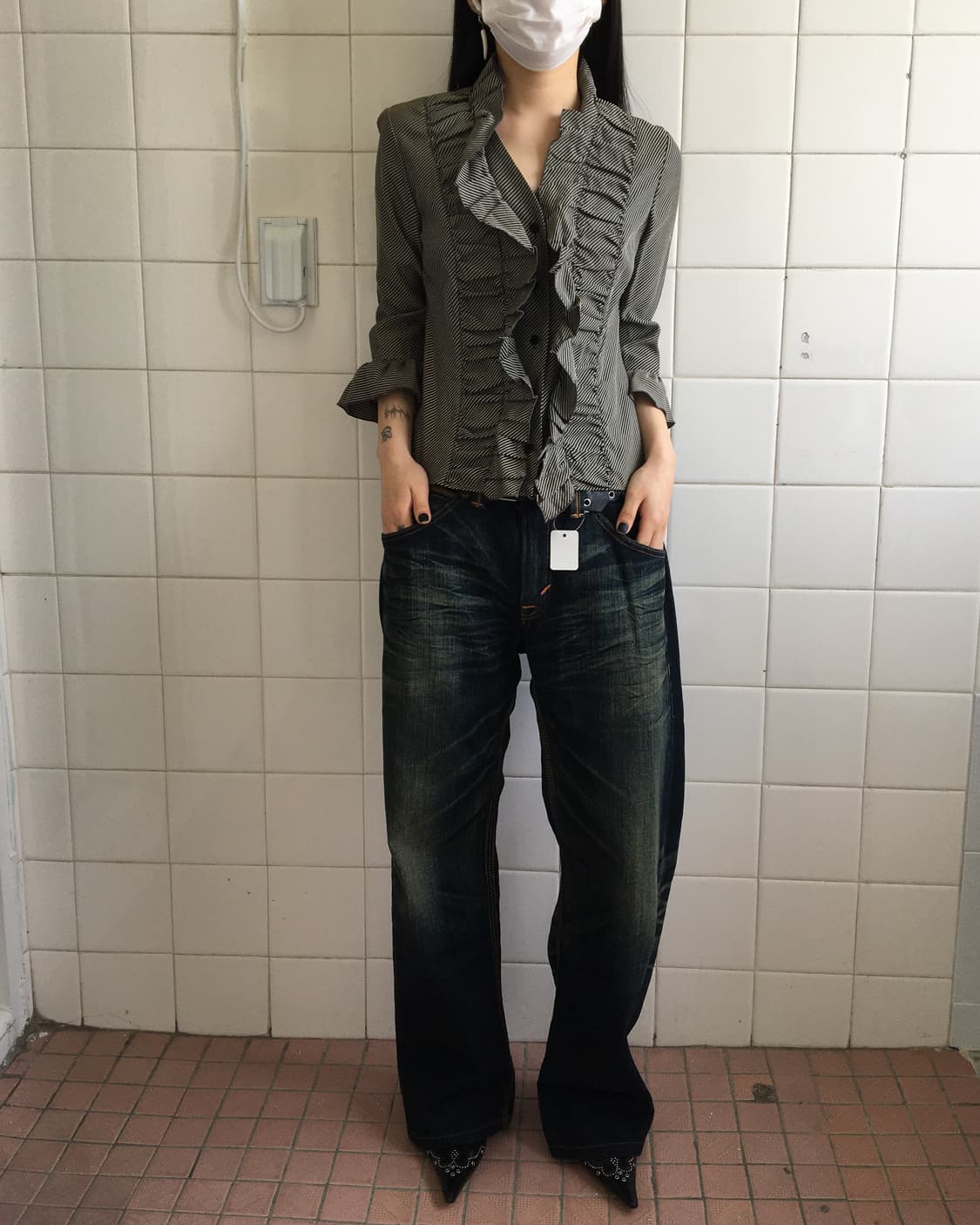 Shirring point stripe pattern blouse 상품이미지5