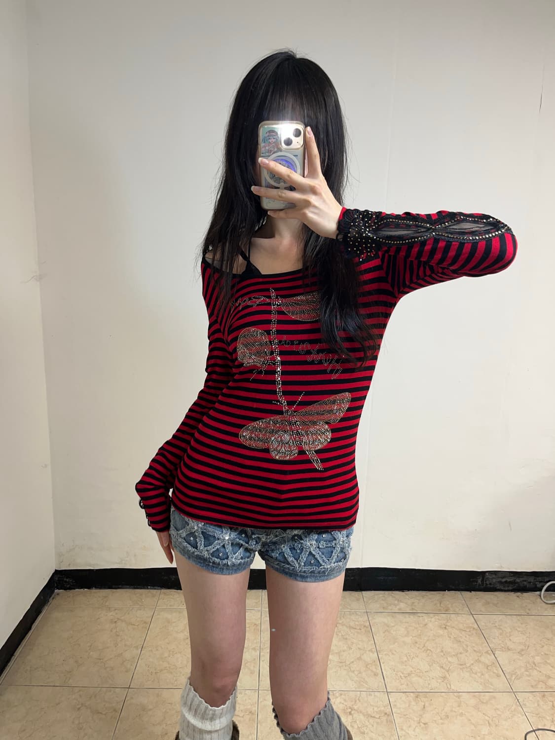 00‘s 키치 펑크 체리 스트라이프 롱슬리브 상품이미지1
