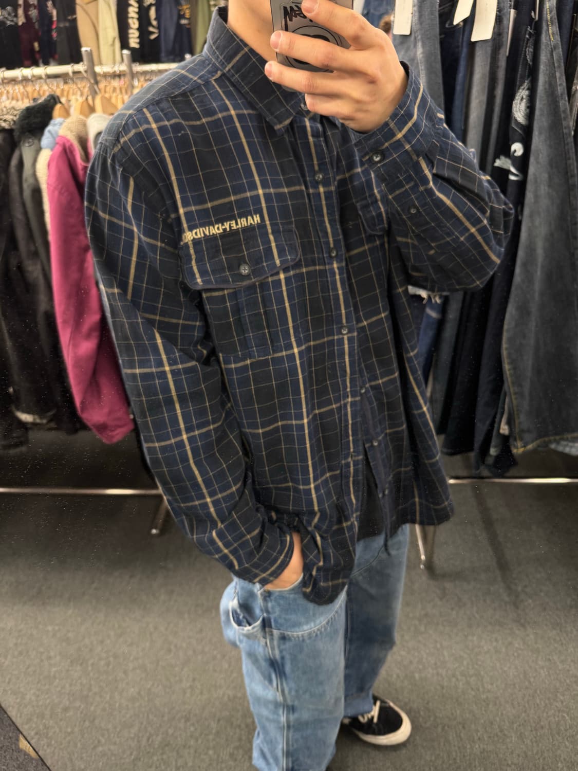 2XL)할리데이비슨 빈티지 블루&베이지 체크패턴 긴팔 셔츠 상품이미지1