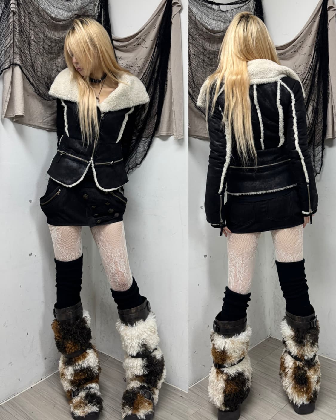 2000s Design Zip Detail Fur Trimming Sli 상품이미지1